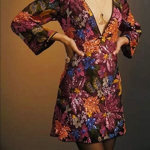 RARE NWT ANTHROPOLOGIE Sequined Embroidered Cut-Out Mini Dress. Size 10